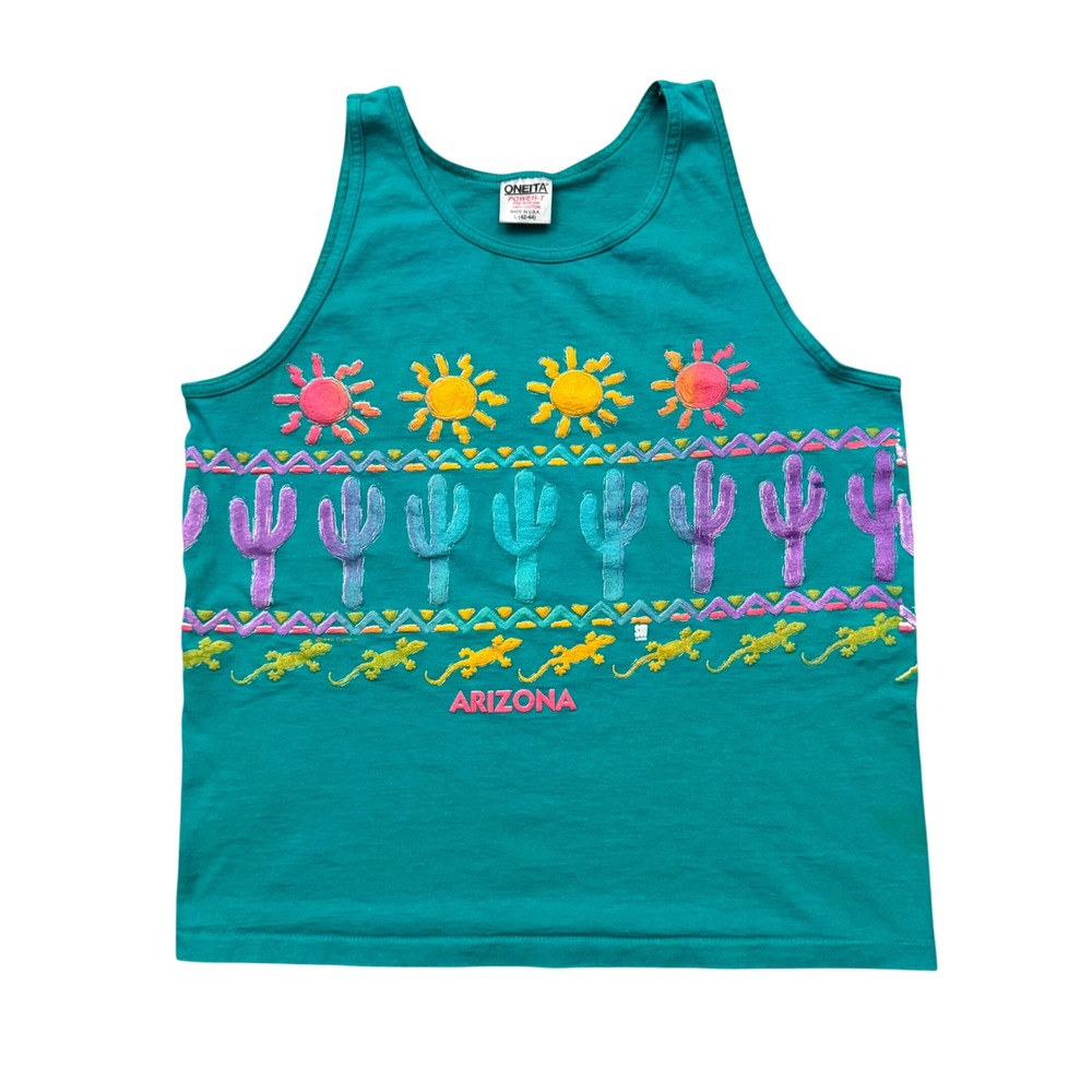 Vintage 90s Oneita Arizona Tank Top Cactus Sun Desert Puff Print Teal L